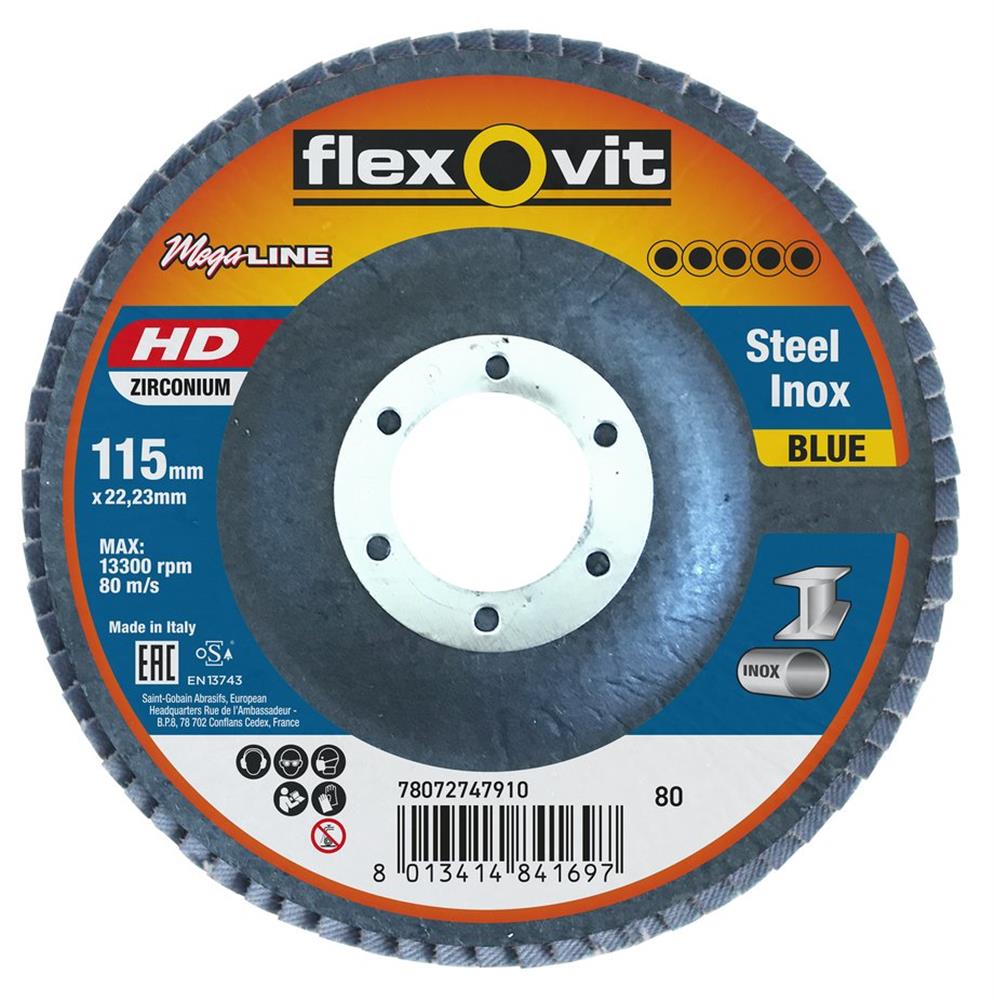 Flexovit Mega-Line HD Flap Disc conical - 22.23mm, 115mm, 80, steel, stainless steel, aluminium, Zirconia/ceramic aluminium oxide