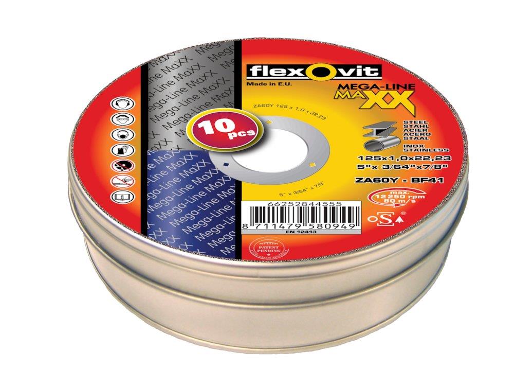 Flexovit Mega-Line Maxx Cutting Disc can of 10 pcs plan - 22.2mm, steel, stainless steel