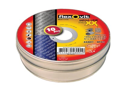 Flexovit Mega-Line Maxx Cutting Disc can of 10 pcs plan - 22.2mm, steel, stainless steel