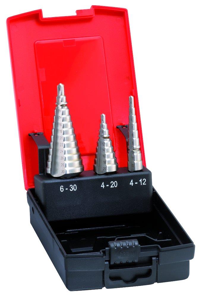 Format 1318 Step Drill Set HSS Bright - 4mm, 3PCS, 30mm, P - steel (optimal), N - Not-jernholdige metals (optimal), 4-12 mm, 12-20 mm, 20-30 mm