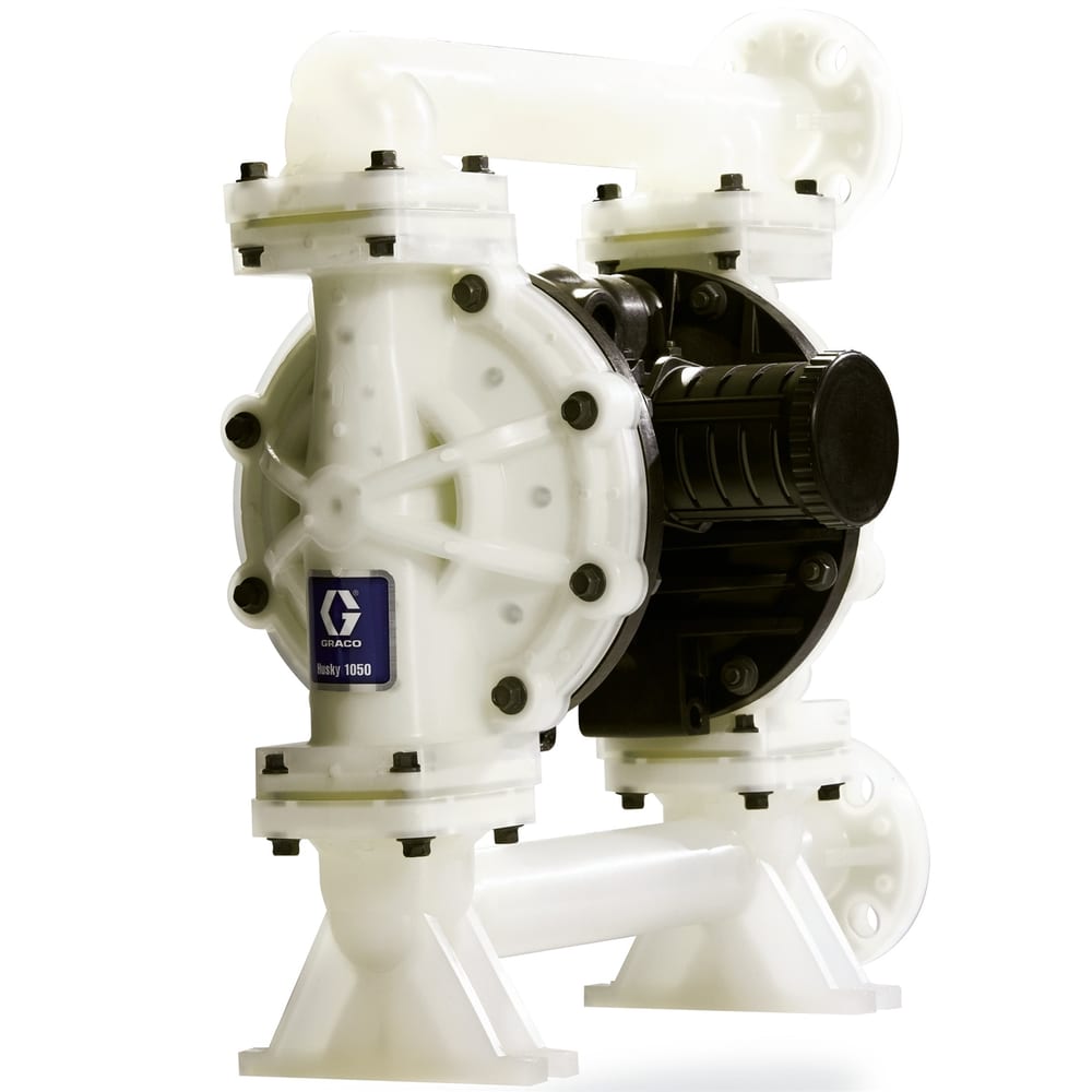 Graco Husky 1050 air-operated double diaphragm pump, polypropylene, 1 in. NPT, end flange, polypropylene seats, TPE (Hytrel) balls, TPE (Hytrel) diaphragm