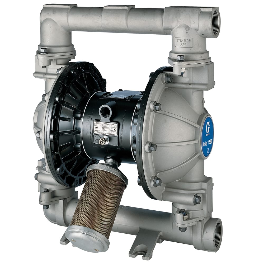 Graco Husky 1590 air-operated double diaphragm pump, stainless steel fluid section, aluminium center section, 1-1/2 in. NPT, Stainless Steel seats, PTFE balls, PTFE/EPDM 2-Piece diaphragm