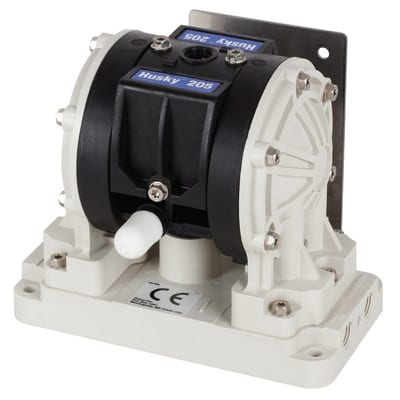 Graco Husky 205 air-operated double diaphragm pump, pvdf (kynar), remote center section, 1/4 in. NPT, BSPT, PVDF (Kynar) seats, PTFE balls, PTFE/EPDM 2-Piece diaphragm