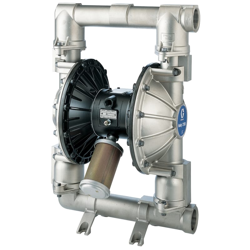 Graco Husky 2150 air-operated double diaphragm pump, stainless steel, 2 in. NPT, Polypropylene seats, PTFE balls, PTFE/EPDM 2-Piece diaphragm