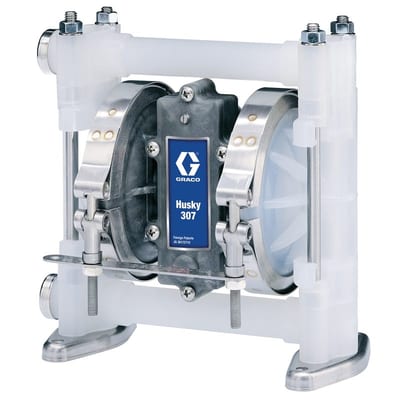 Graco Husky 307 air-operated double diaphragm pump, polypropylene, 3/8 in. NPT, Acetal seats, TPE (Hytrel) balls, TPE (Hytrel) diaphragm