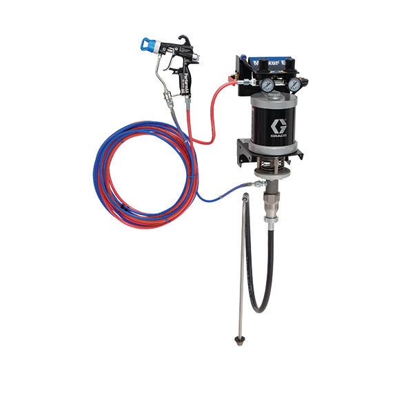Graco Merkur ES 30:1 air-assisted airless sprayer package, wall mount, PerformAA 50 Air Assist gun, stainless steel pump sleeve, with suction hose
