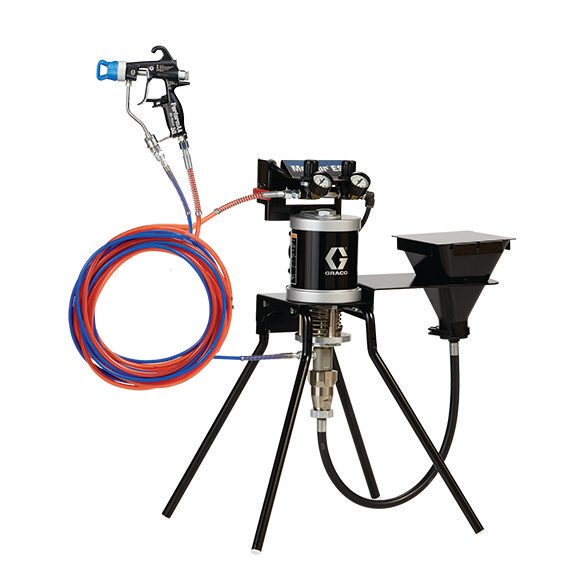 Graco Merkur ES 30:1 air-assisted airless sprayer package, stand mount, PerformAA 50 Air Assist gun, carbon steel pump sleeve, with hopper