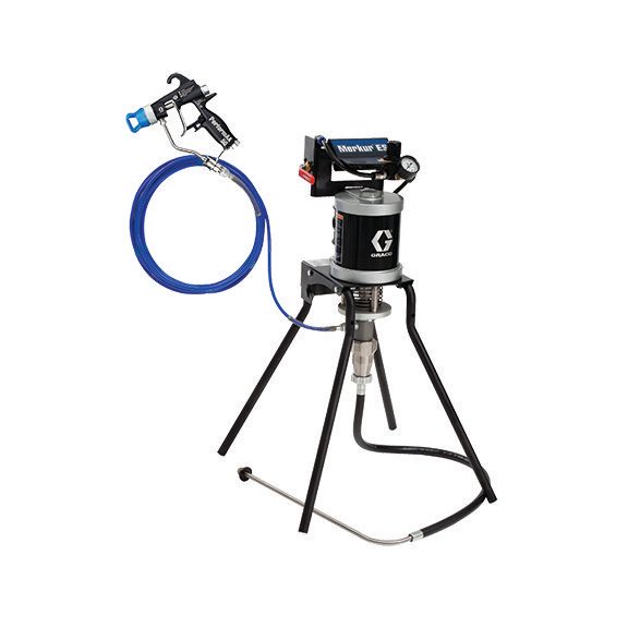 Graco Merkur ES 30:1 airless sprayer package, stand mount, PerformAA 50 Airless gun, carbon steel pump sleeve, with suction hose