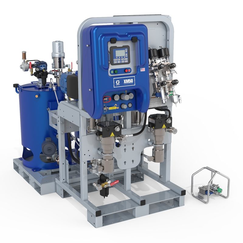 Graco XM70 System, 480V, Wall Power, Viscon HF Heaters, Junction Box, Heated Tanks, Agitators, Feed Pumps, Remote Manifold
