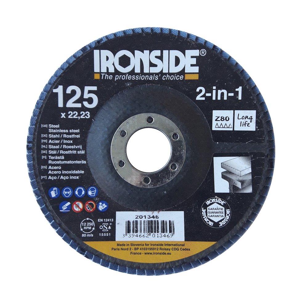 Ironside 2-IN-1 Flap Disc conical - 22.23mm, 125mm, 80, steel, stainless steel, Zirconia, 201346