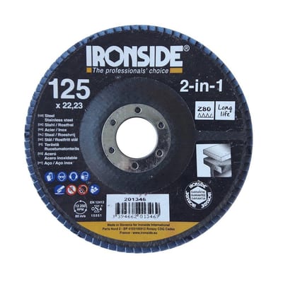 Ironside 2-IN-1 Flap Disc conical - 22.23mm, 125mm, 80, steel, stainless steel, Zirconia, 201346