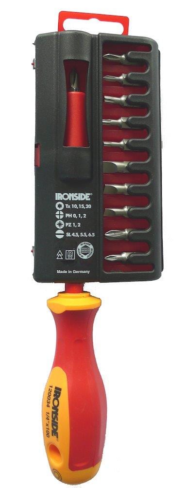 Ironside VDE 1000 Volt Bit Screwdriver with built-in magnet and 11 x bits - 1/4" 6 edge