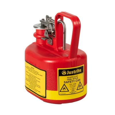0.5 Gallon Plastic Safety Can for Flammables, Oval, Stainless Steel Hardware, Flame Arrester, Red