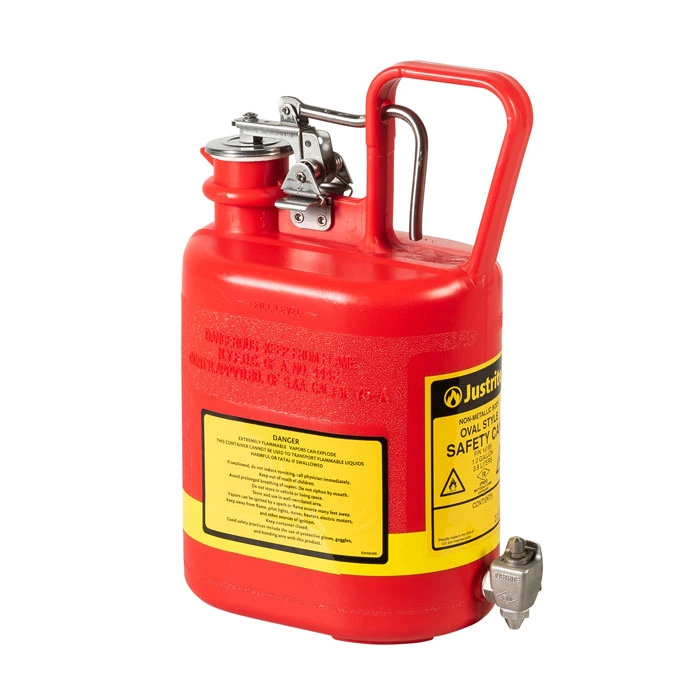 1 Gallon, Oval Polyethylene Safety Shelf Can, Stainless Steel Hardware, Bottom Self-Close S/S Faucet, Red - 14169