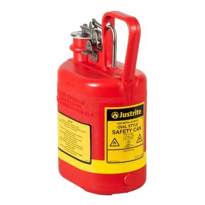 1 Gallon Plastic Safety Can for Flammables, Oval, Flame Arrester, Stainless Steel Hardware, Red