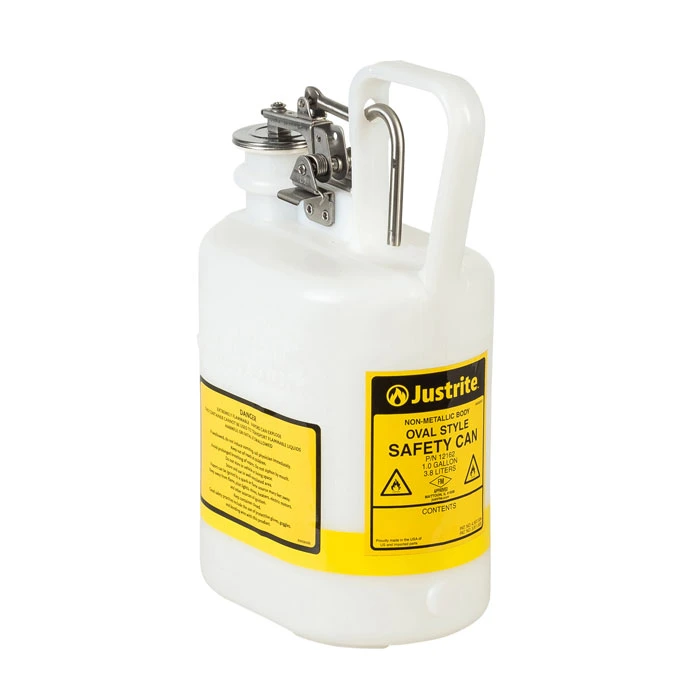 1 Gallon Plastic Safety Can for Flammables, Oval, Flame Arrester, Stainless Steel Hardware, White - 12162