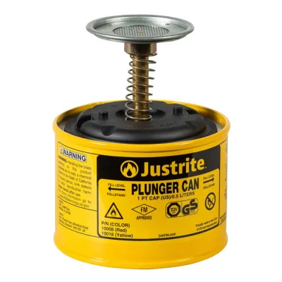 1 Pint Steel Plunger Dispensing Can, Perforated Pan Screen Serves as Flame Arrester, Yellow