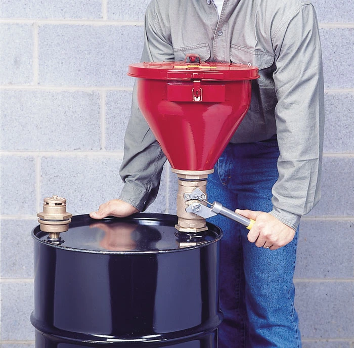 10.75" Steel drum Funnel with Tip-Over Protection, 6" Flame Arrester, Self-Closing Cover, 2" drum Bung, Red - 08203