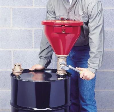 10.75" Steel drum Funnel with Tip-Over Protection, 6" Flame Arrester, Self-Closing Cover, 2" drum Bung, Red