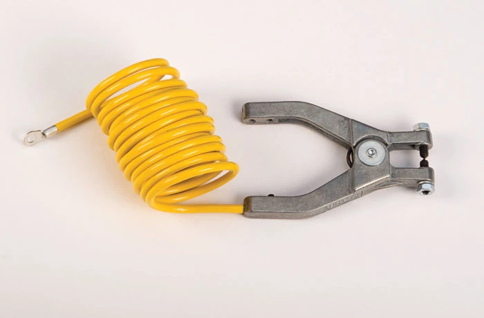 10', Coiled Antistatic Insulated Wire for Bonding and Grounding, with Hand Clamp and 1/4" Terminal, Yellow - 08497