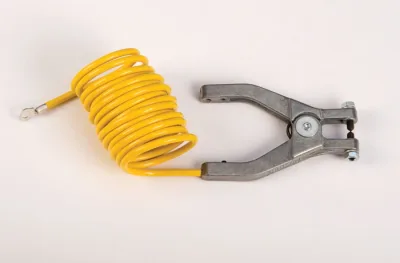 10', Coiled Antistatic Insulated Wire for Bonding and Grounding, with Hand Clamp and 1/4" Terminal, Yellow