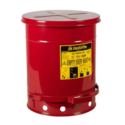 10 Gallon, Oily Waste Can, Hands-Free, Self-Closing Cover, Red