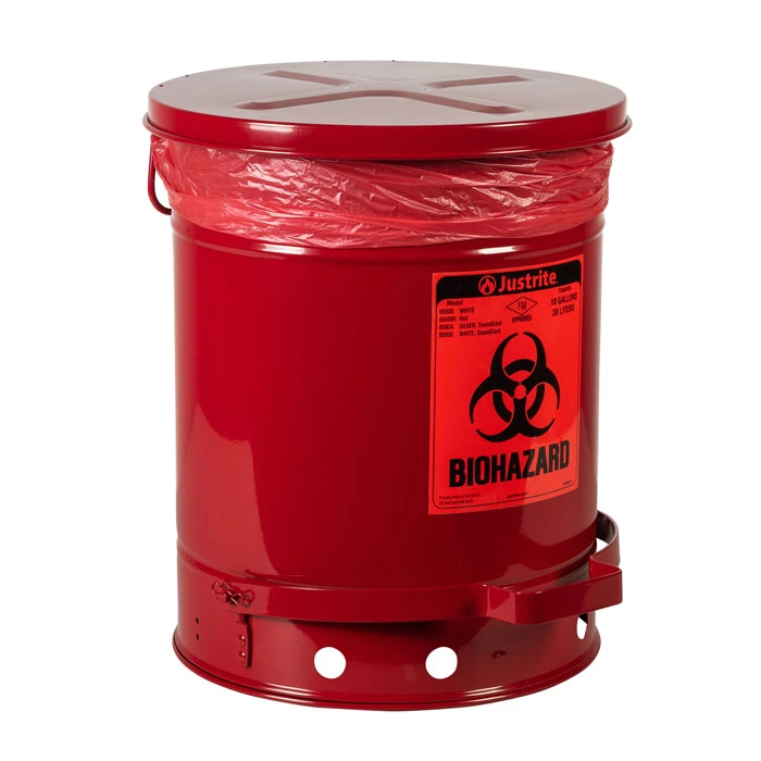 10 Gallon Steel Biohazard Waste Can, Foot-Operated Self-Closing, Red - 05930R