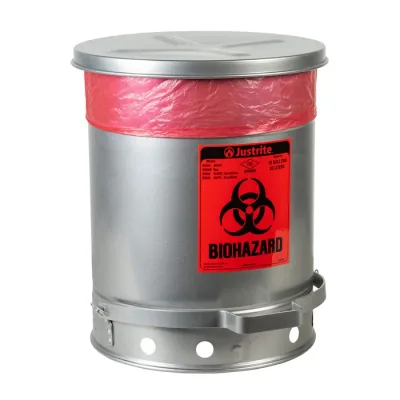 10 Gallon Steel Biohazard Waste Can, Foot-operated, Self-closing, SoundGard™ Cover, Silver