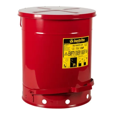 14 Gallon, Oily Waste Can, Hands-Free, Self-Closing Cover, Red