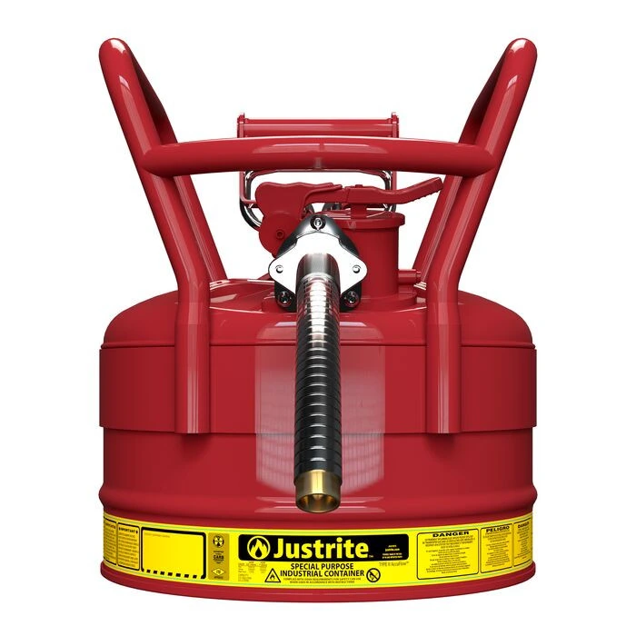 2.5 Gallon, 1" Metal Hose, Roll Bars, DOT Transport Steel Safety Can for Flammables, Type II, Accuflow™, Red - 7325130