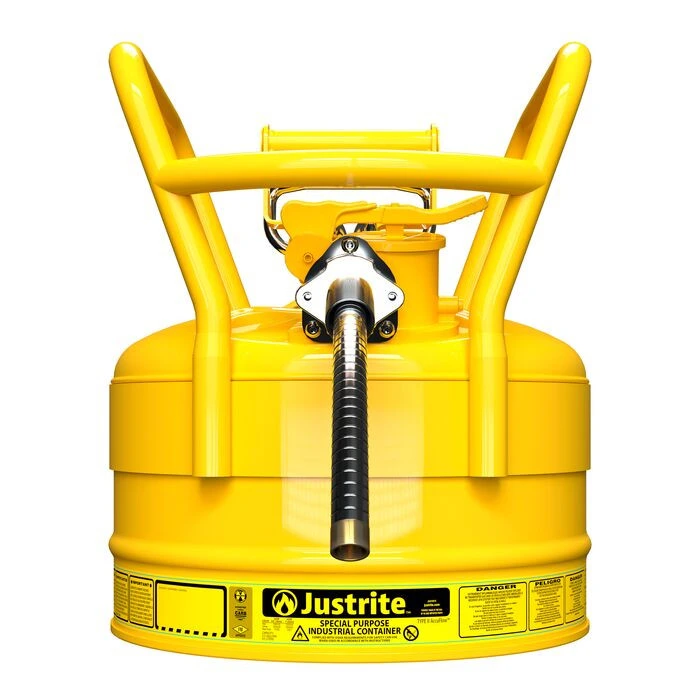 2.5 Gallon, 5/8" Metal Hose, Roll Bars, DOT Transport Steel Safety Can for Diesel, Type II, Accuflow™, Yellow - 7325220
