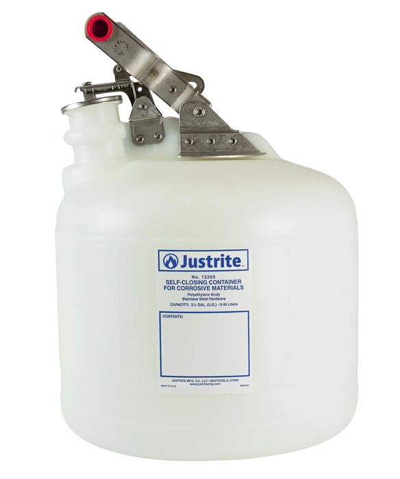 2.5 Gallon Polyethylene Safety Container for Corrosives/Acids, Self-Close Cap, White - 12260