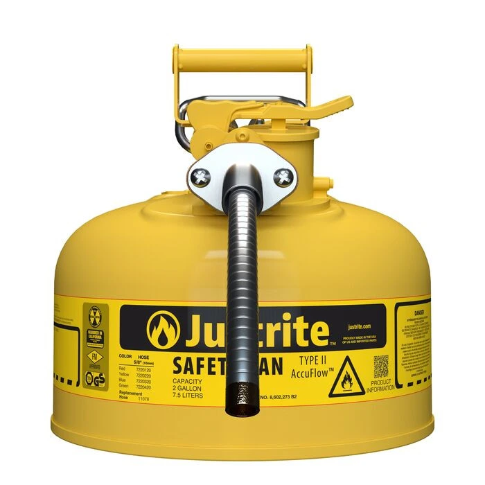 2 Gallon, 5/8" Metal Hose, Steel Safety Can for Diesel, Type II, AccuFlow™, Yellow - 7220220