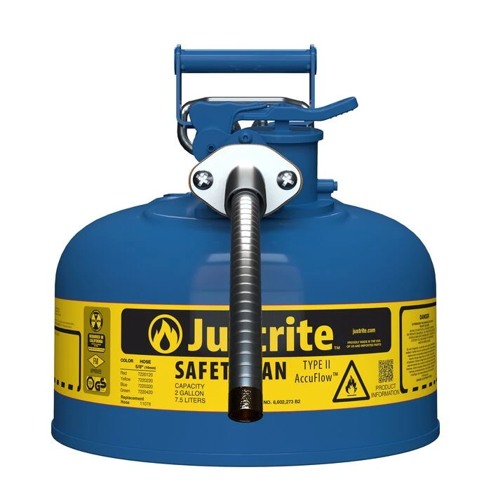 2 Gallon, 5/8" Metal Hose, Steel Safety Can for Kerosene, Type II, AccuFlow™, Blue - 7220320