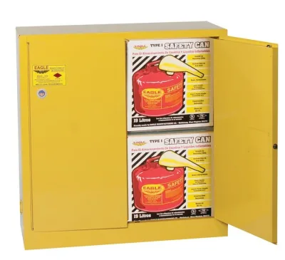 30 Gallon, 2 Door, Manual Close, Flammable Liquid Cabinet Combo with 2 UI50FS Safety Cans, Yellow - 1932X2SC