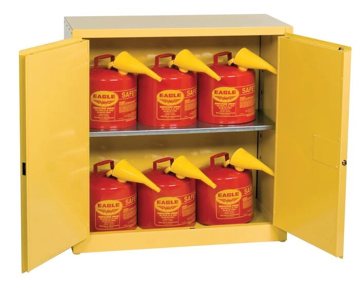 30 Gallon, 2 Door, Manual Close, Flammable Liquid Cabinet Combo with 6 UI50FS Safety Cans, Yellow - 1932XSC6