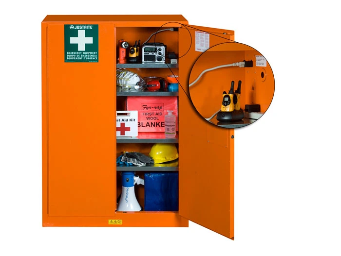 4 Shelves, 2 Doors, Manual Close, Emergency Preparedness Cabinet with GloAlert Labels, Electrical Pass-Thru, PowerPort™, Orange - 860002