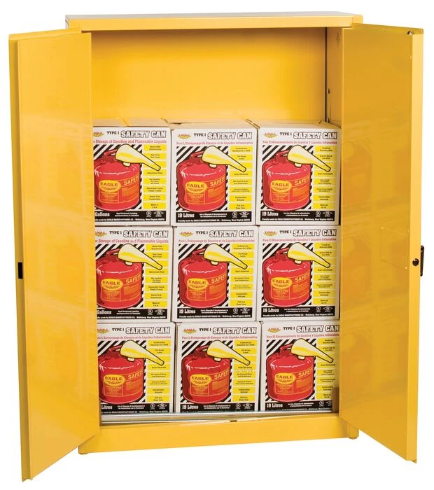 45 Gallon, 2 Door, Manual Close, Flammable Liquid Cabinet Combo with 9 UI50FS Safety Cans, Yellow - 1947XSC9