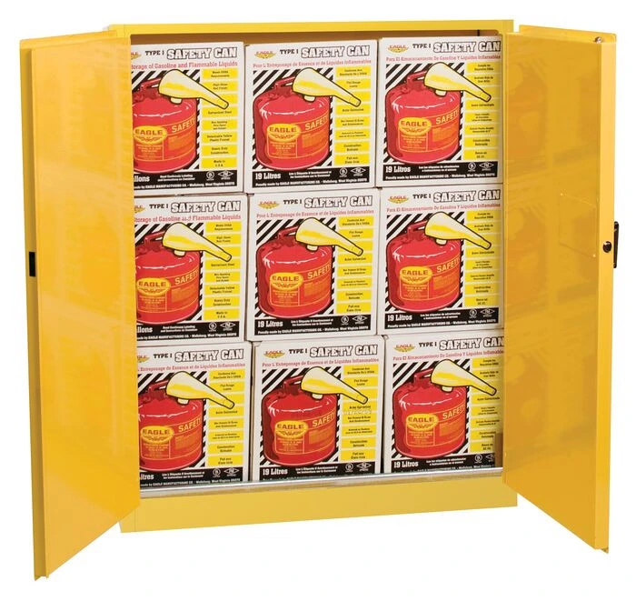 45 Gallon, 2 Door, Self Close, Flammable Liquid Cabinet Combo with 9 UI50FS Safety Cans, Yellow - 4510XSC9