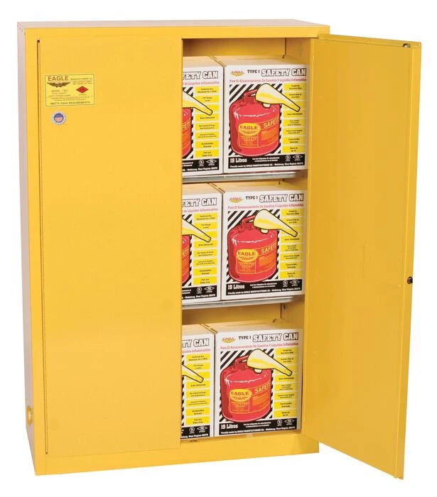 45 Gallon Fire Cabinet, 2 Shelves, 2 Door, Manual Close, Combo with 2 UI50FS Safety Cans, Yellow - 1947X2SC