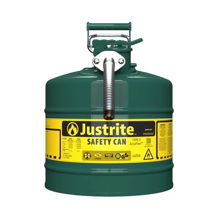 5 Gallon, 1" Metal Hose, Steel Safety Can for Oil, Type II, AccuFlow™, Green - 7250430