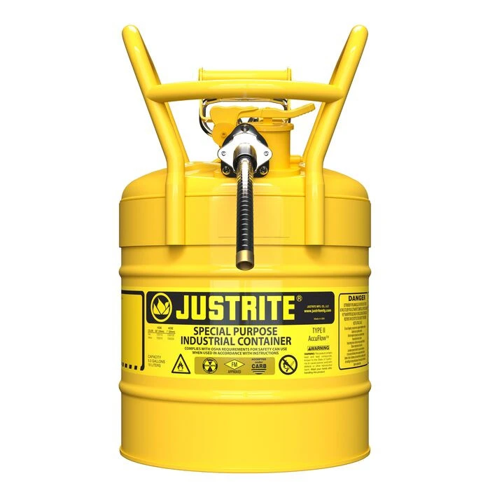 5 Gallon, 5/8" Metal Hose, Roll Bars, DOT Transport Steel Safety Can for Diesel, Type II, Accuflow™, Yellow - 7350210