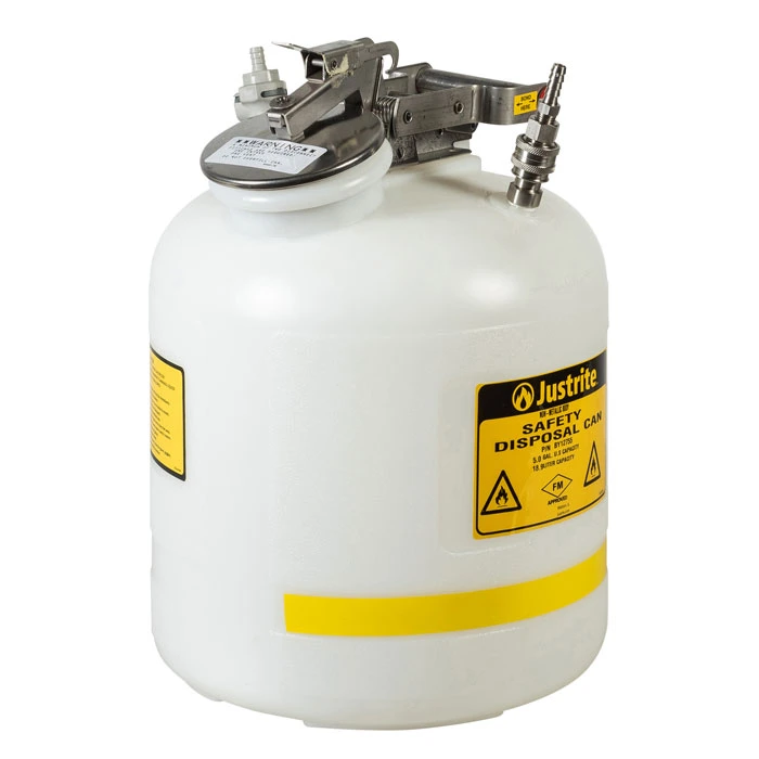 5 Gallon, Polyethylene Quick-Disconnect Disposal Safety Can, Polypropylene and Stainless Steel Fittings for 3/8" Tubing, White - BY12755