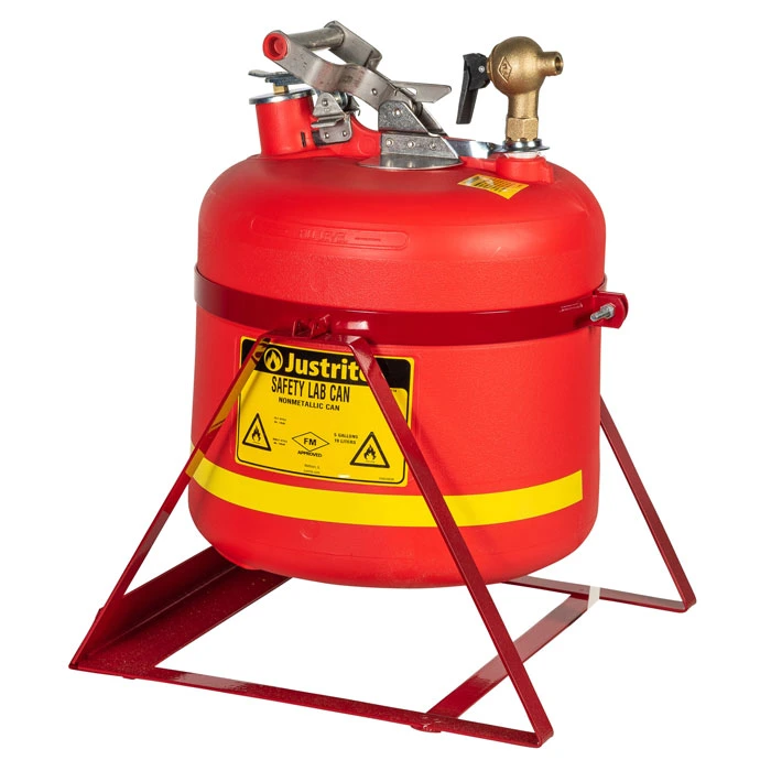 5-Gallon, Polyethylene Safety Can, Tilt-style with Stand, Top Self-Close Brass Faucet, Red - 14535