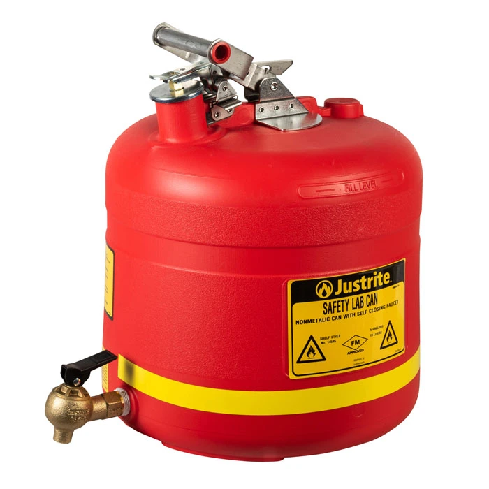 5-Gallon, Polyethylene Safety Shelf Can, Bottom Self-Close Brass Faucet, Red - 14545