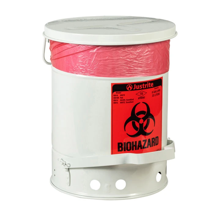 6 Gallon Biohazard Steel Waste Can, Foot-Operated Self-Closing, SoundGard™ Cover, White - 05915