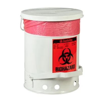 6 Gallon Biohazard Steel Waste Can, Foot-Operated Self-Closing, SoundGard™ Cover, White