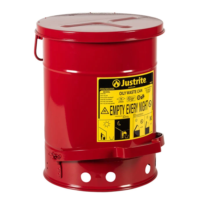 6 Gallon, Oily Waste Can, Hands-Free Self-Closing Cover, SoundGard™, Red - 09108
