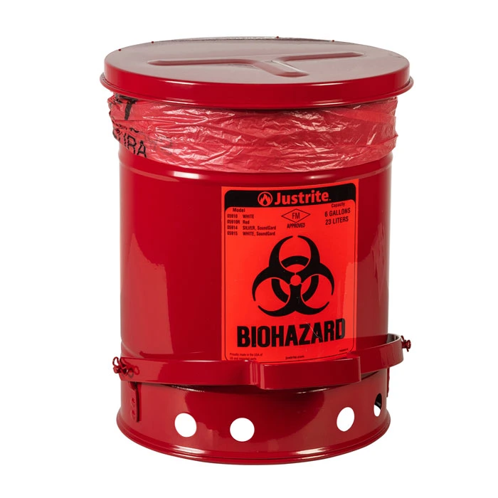 6 Gallon Steel Biohazard Waste Can, Foot-Operated Self-Closing, Red - 05910R