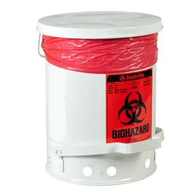 6 Gallon Steel Biohazard Waste Can, Foot-Operated Self-Closing, White